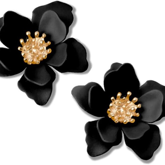 Jewelry - Chic Cute Boho Matte Flower Statement Stud Earrings with Gold Flower Bud for Wom